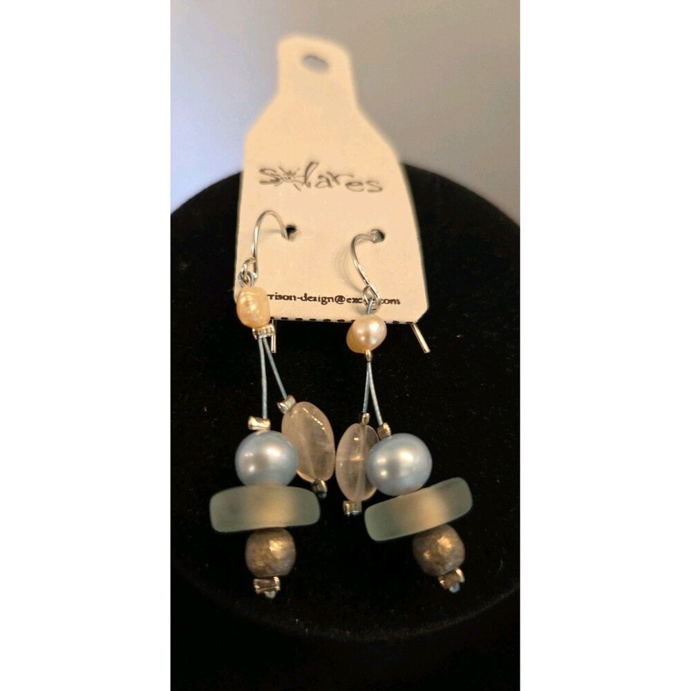 Simon Harrison Blue, White & Silvertone Earrings Made From Recycled Glass NWT